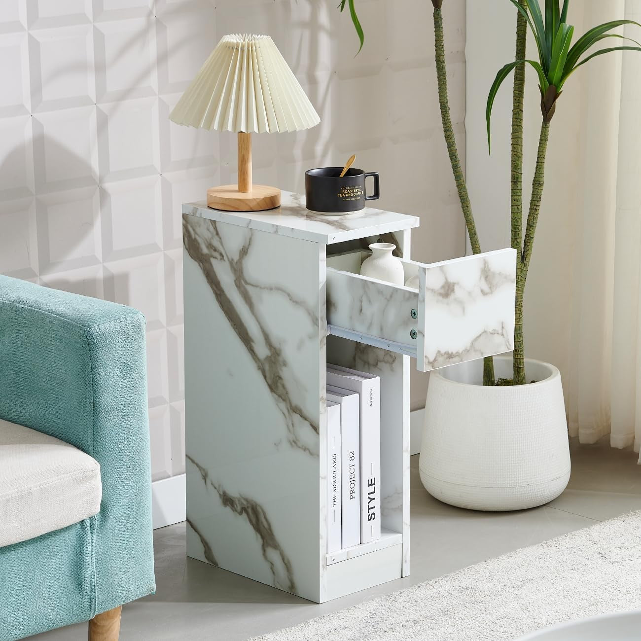 White Marble Slim Bedside Table with Drawer & Shelf, Narrow Modern Nightstand