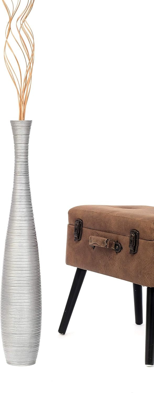Silver Floor Vase 65cm Tall Wooden Decor for Pampas Grass