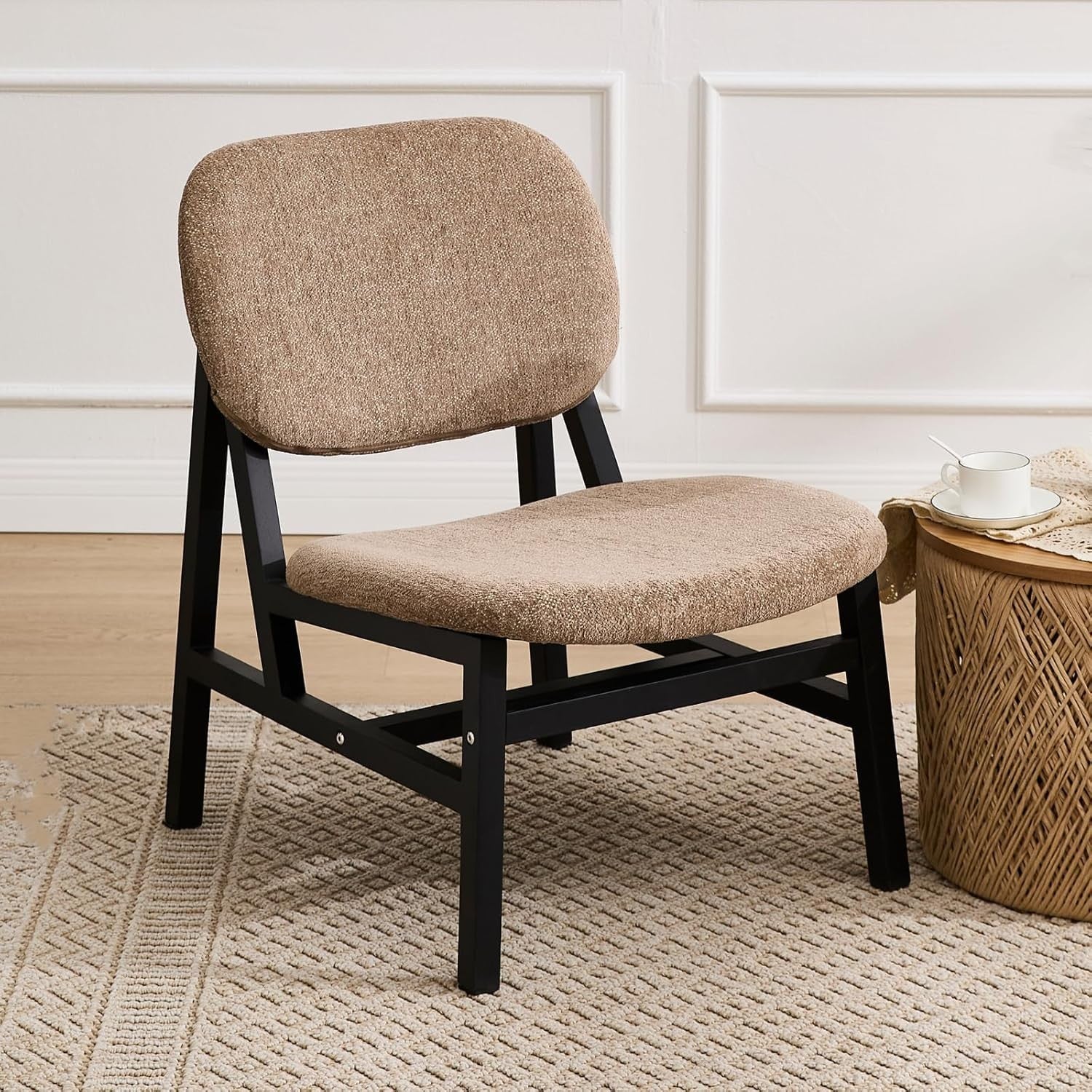 Retro Wooden Lounge Chair Chenille Fabric Armchair for Living Room Decor