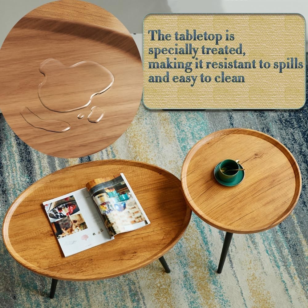Oval Coffee Table Set Modern Living Room End Tables Wood Top Metal Frame Nature