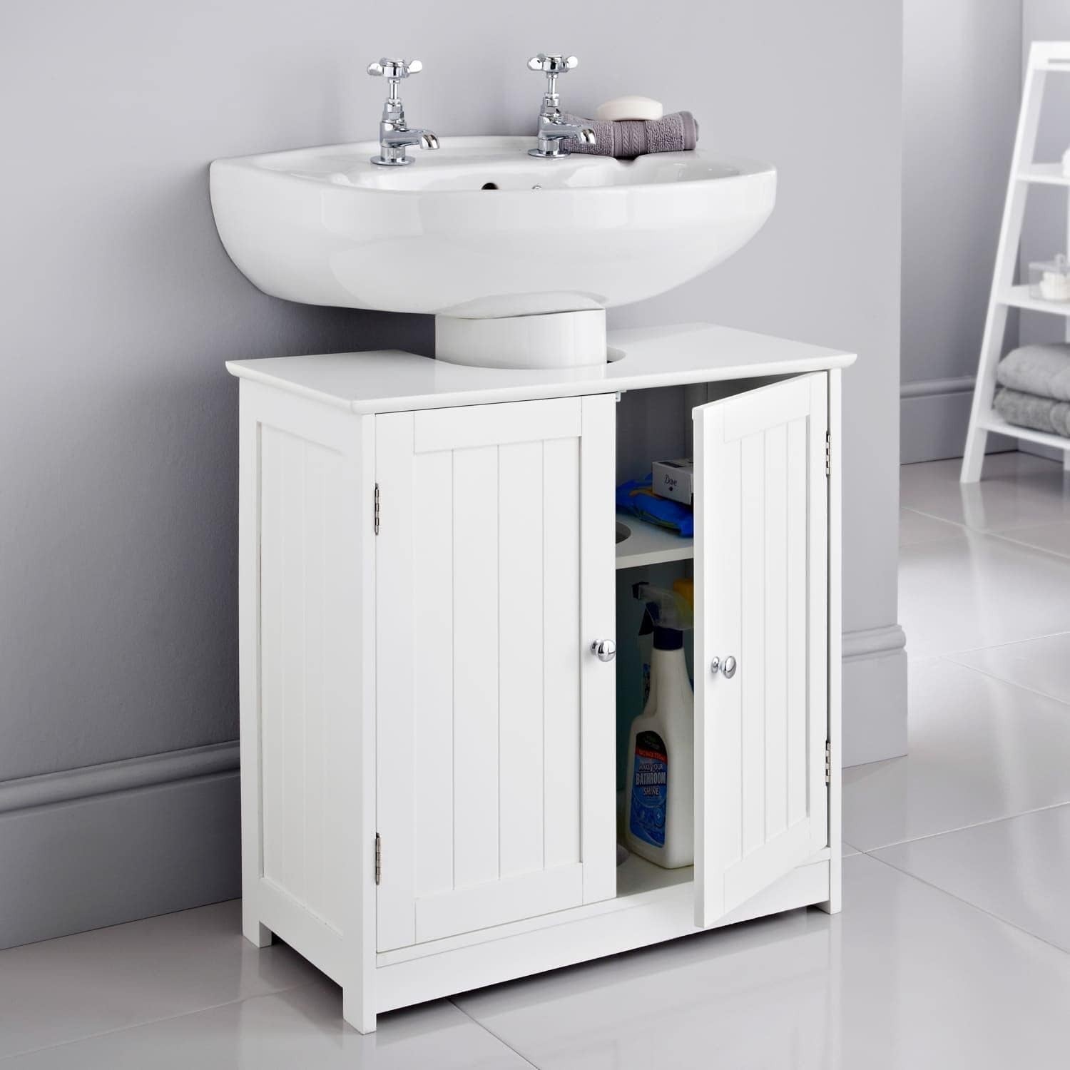 White Under Sink Bathroom Cabinet with Shelf & 2 Doors 60x30x60cm