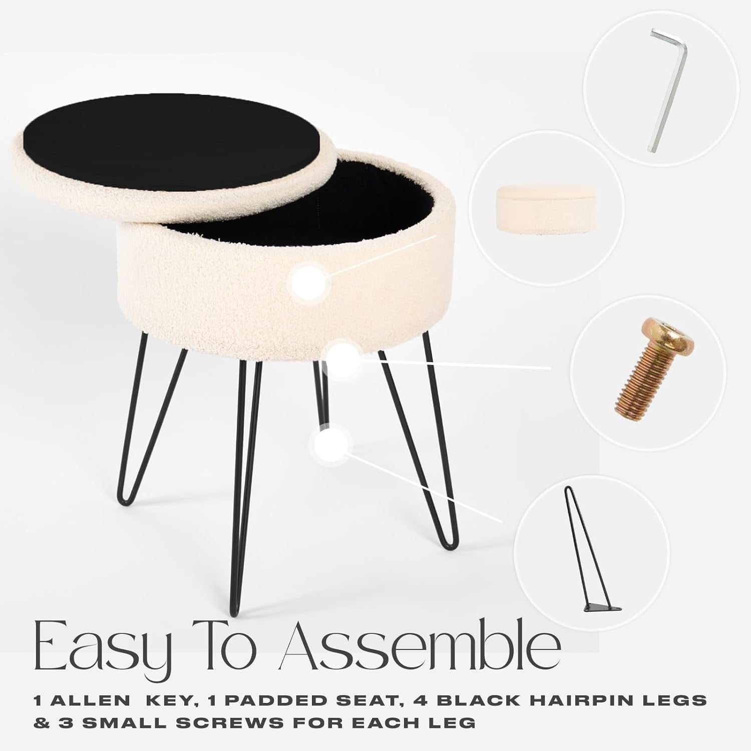 Cream Bouclé Storage Footstool Round Vanity Stool Hairpin Leg Ottoman