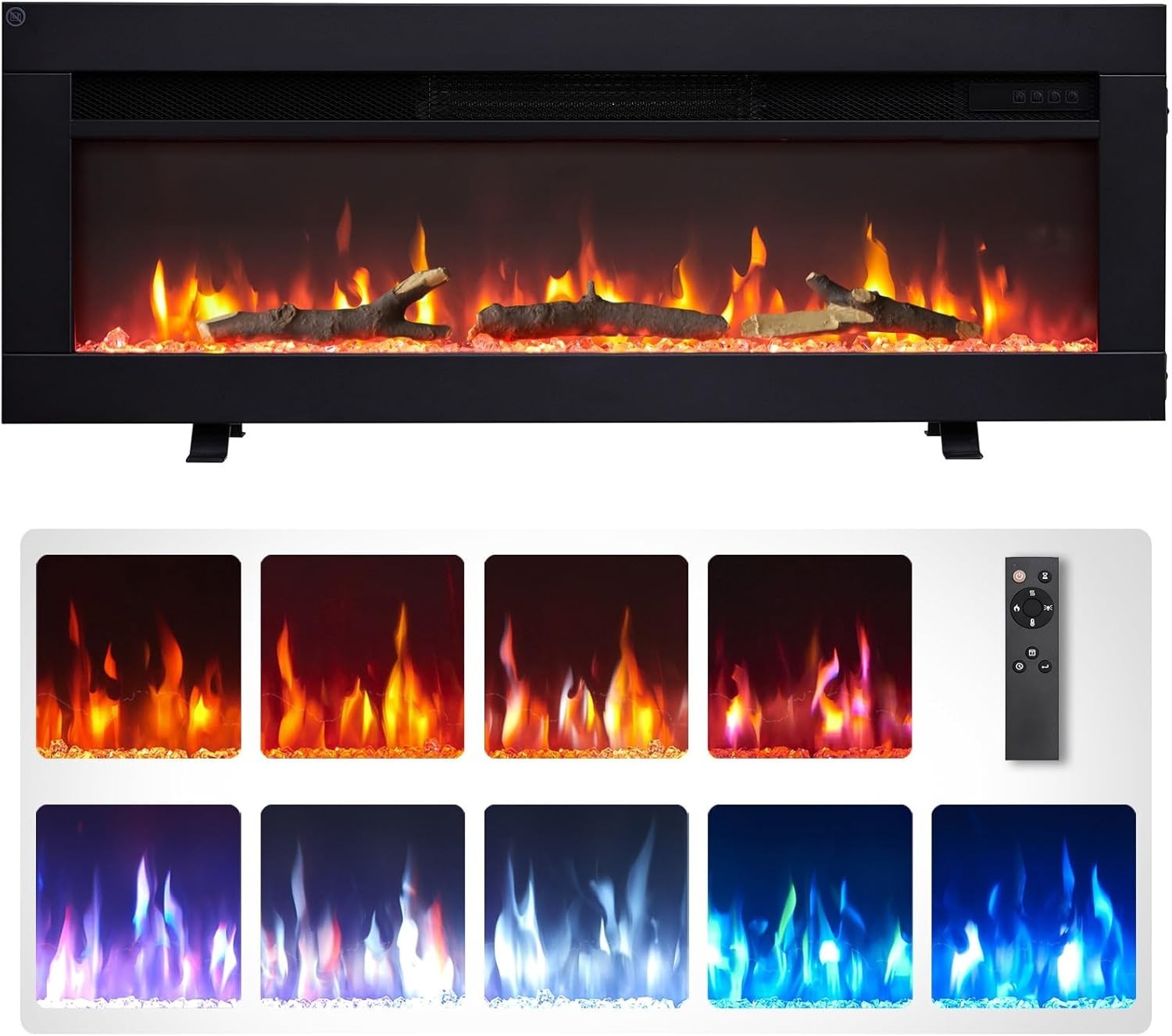 36” Wall Mounted Electric Fireplace Heater LED Flame Logs Remote 1800W