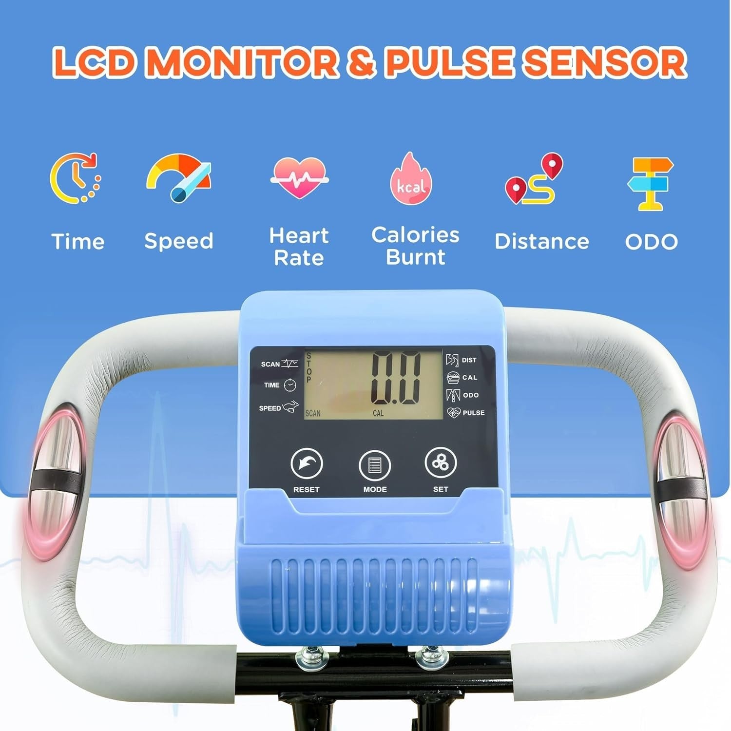 Light Blue 3-in-1 Folding Exercise Bike Magnetic Resistance LCD Pulse Bands