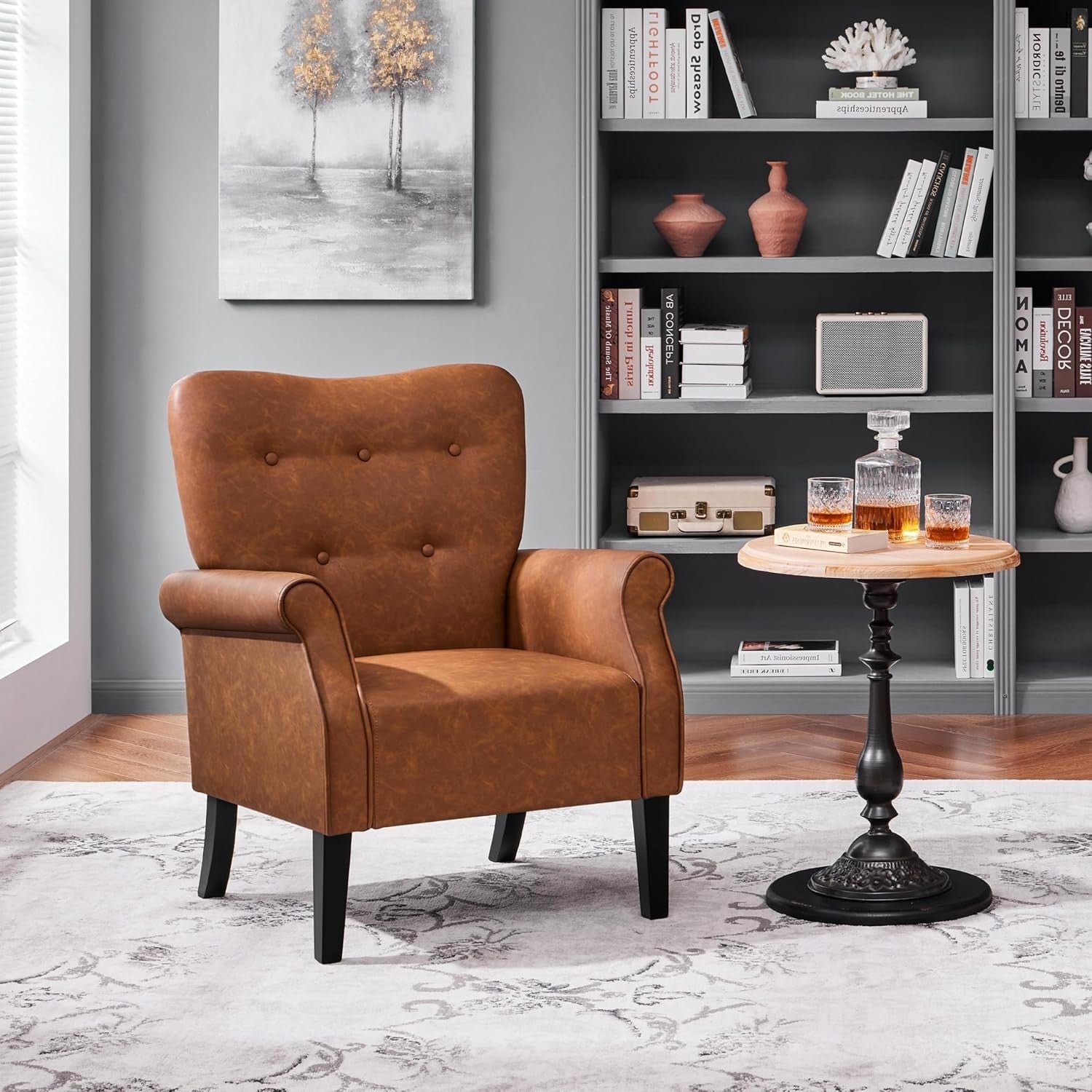 Retro Brown PU Leather Tub Chair Accent Armchair Padded Living Room Seat
