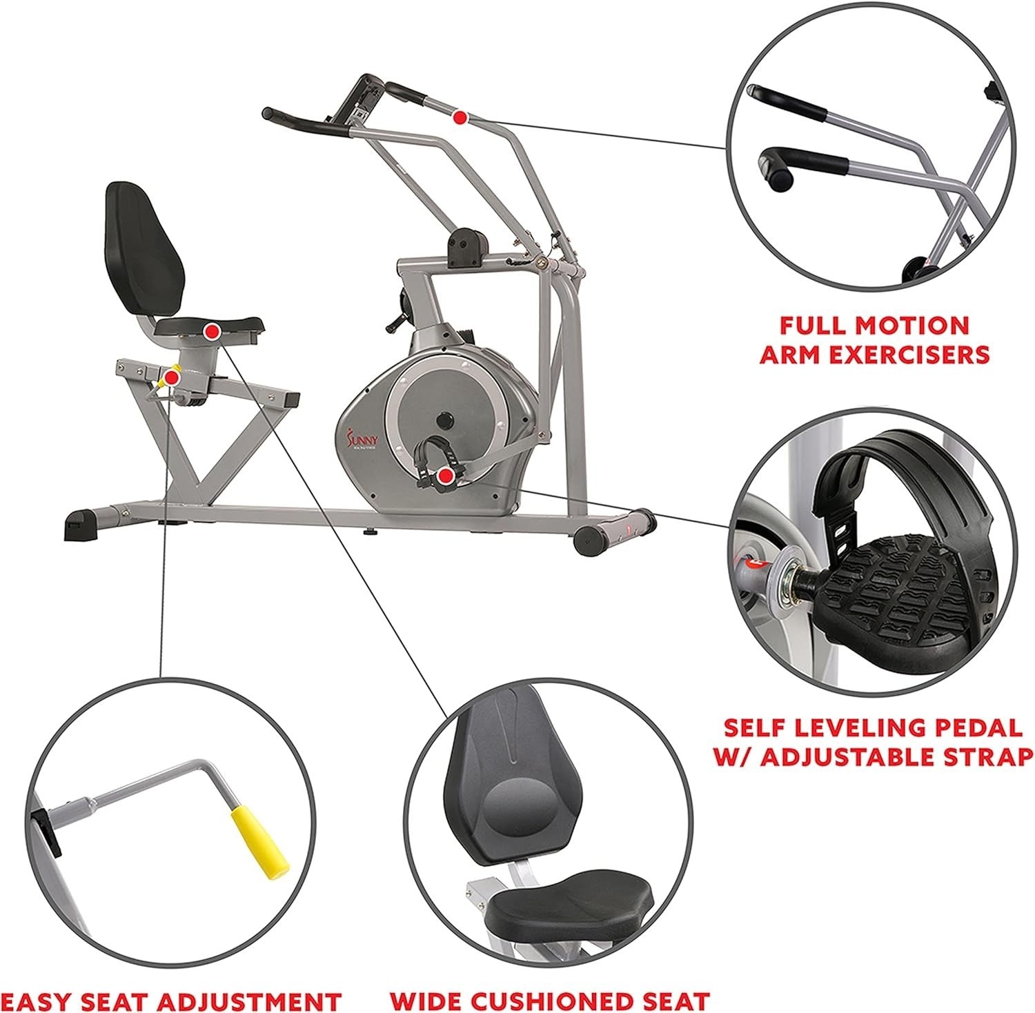 Recumbent Exercise Bike Full Motion Arms Magnetic Resistance LCD Heart Rate Home