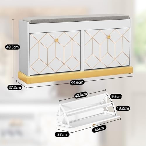 White Shoe Storage Bench with Cushion & Flip-Drawer for Hallway Entryway