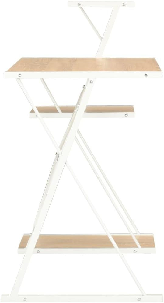 White Brown Z-Shaped Computer Desk 116cm with 3 Tier Shelves