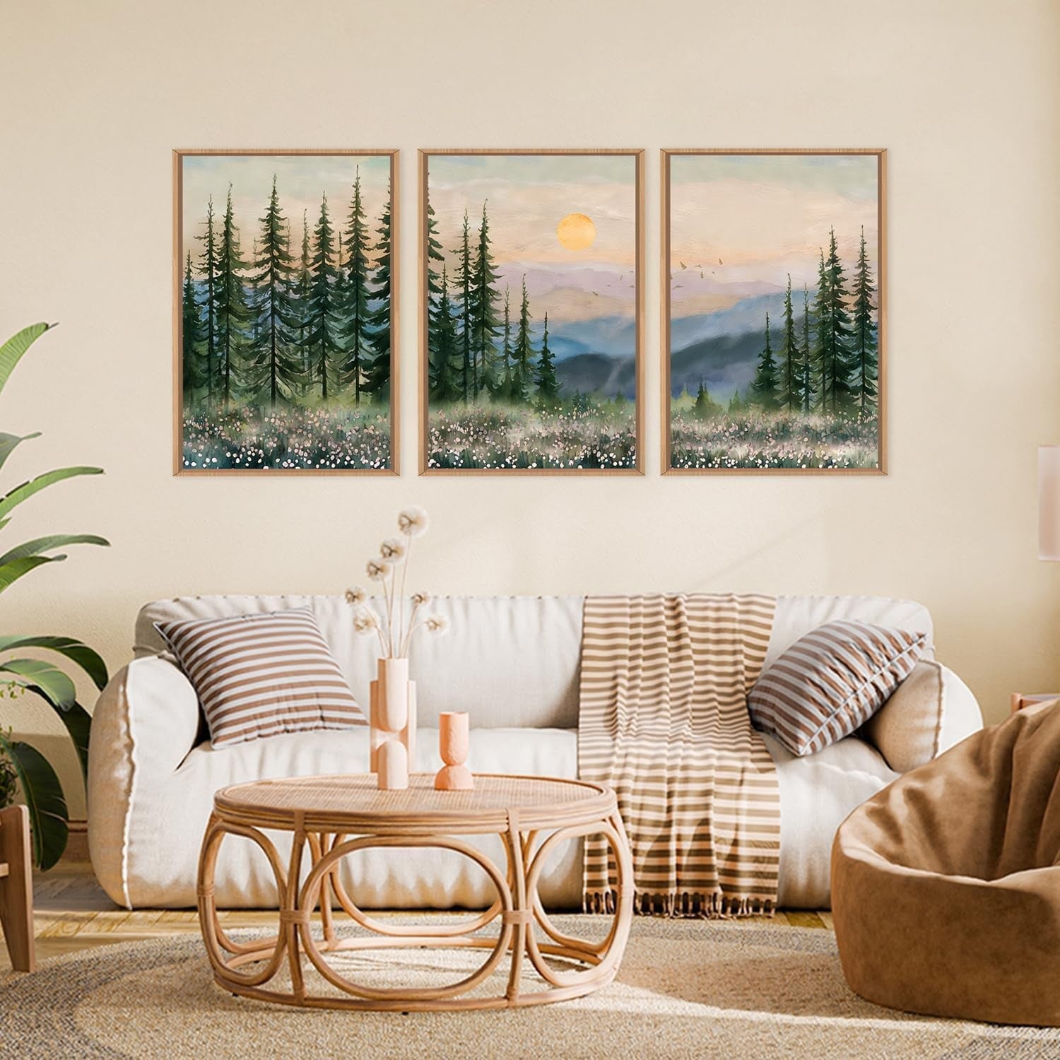 Boho Sunset Forest Framed Canvas Wall Art Set 3 Green Pine Mountain Decor