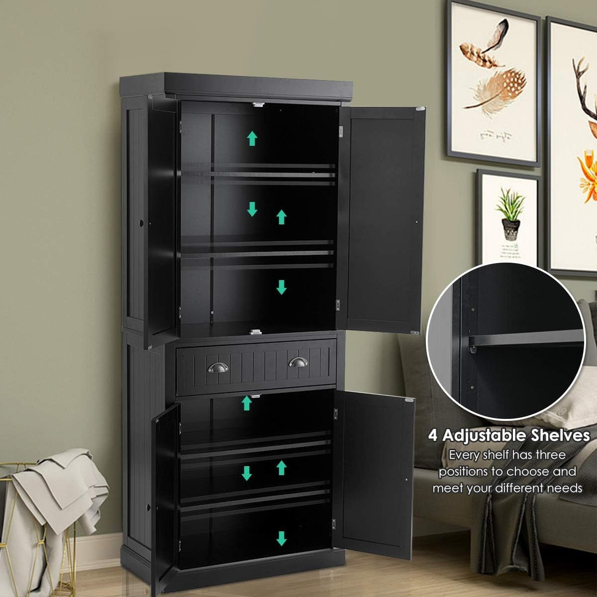 Tall Black Kitchen Cupboard 4 Door Storage Cabinet with Drawer & Shelves