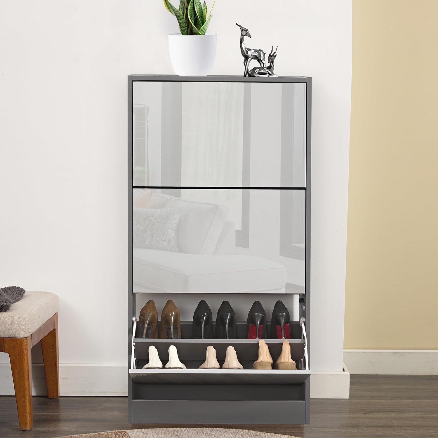 High Gloss 3 Drawer Shoe Cabinet Slim Space Saving Storage Unit Grey