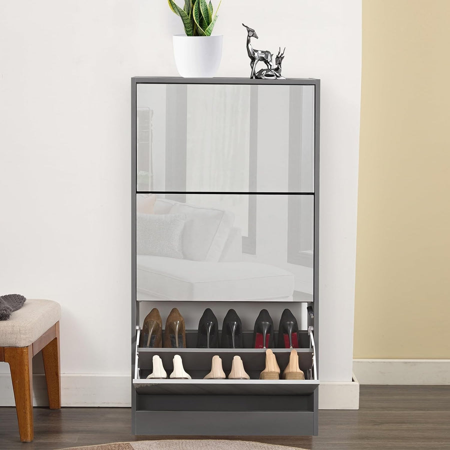 High Gloss 3 Drawer Shoe Cabinet Slim Space Saving Storage Unit Grey