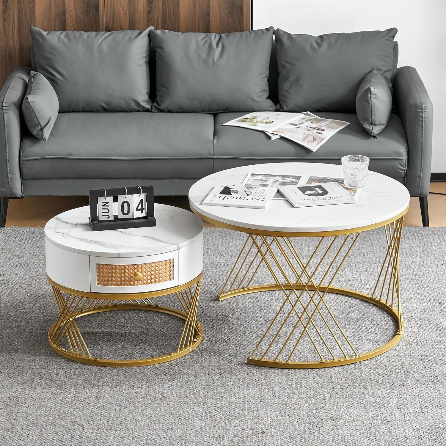 ModernLuxe 2-in-1 Round Coffee Table Set with Rattan Drawer & Gold Metal Frame