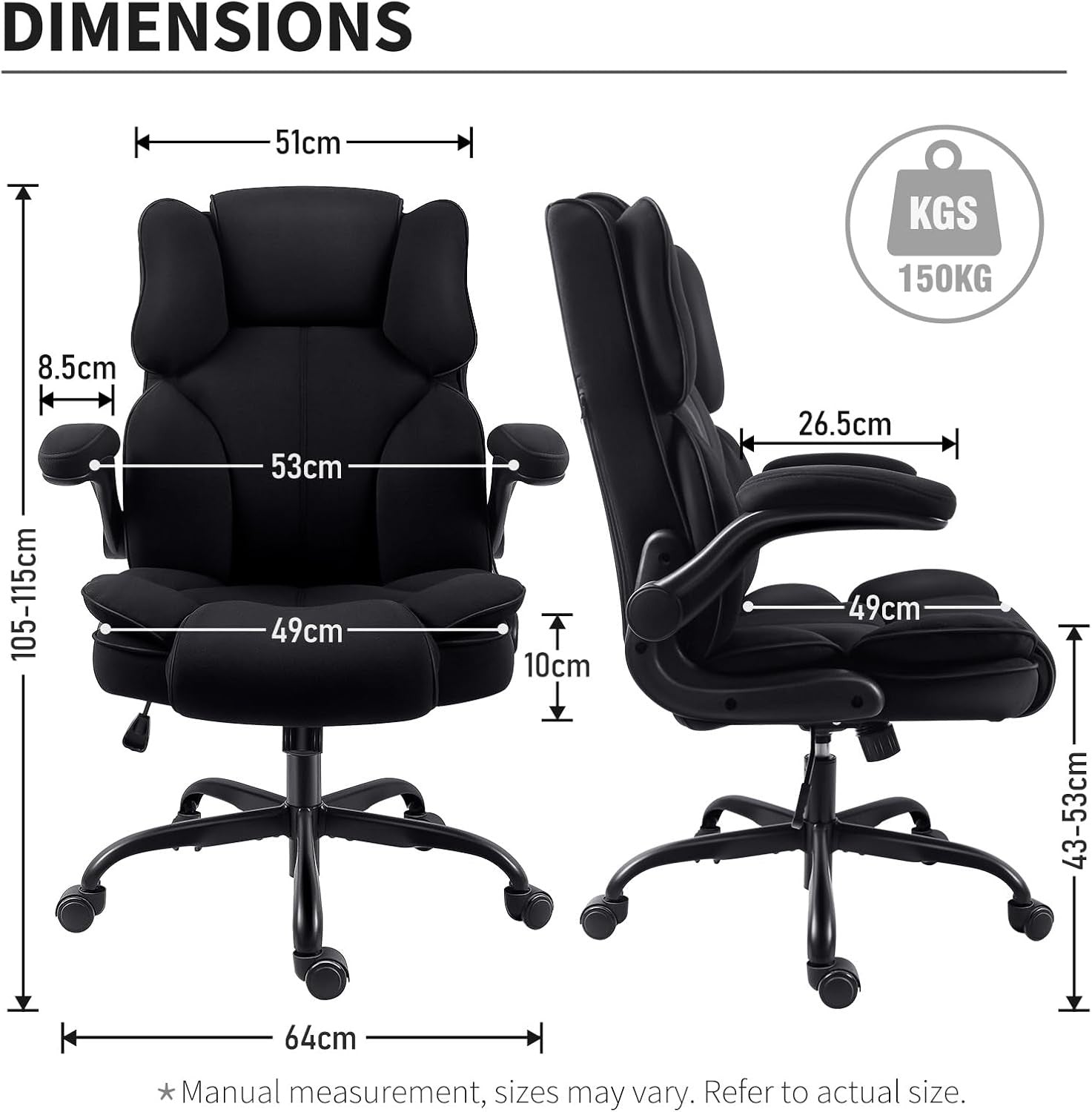 Ergonomic Office Chair Fabric 90° Flip-Up Arms Black