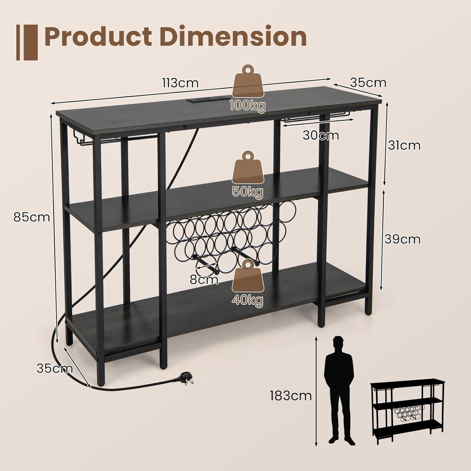 Wine Bar Cabinet with Tabletop, 15 Bottle Rack, Shelves & Charging Ports – Grey