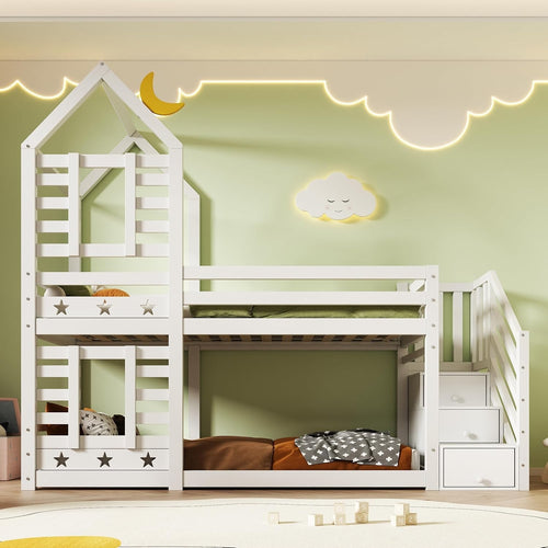 Kids Pine Bunk Bed with Stairs, Storage, Cabin Style Twin Sleeper 190x90cm