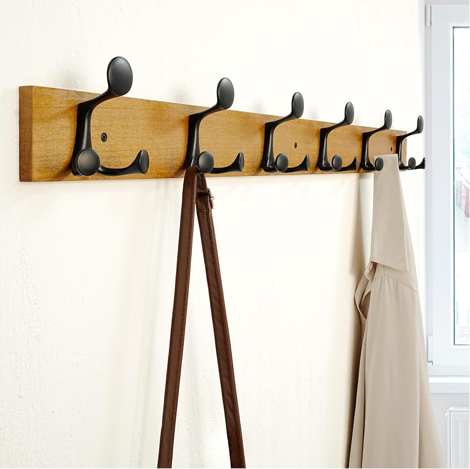 Light Brown Wood Wall Coat Rack 6 Triple Hooks | 99cm Modern Hanging Rail