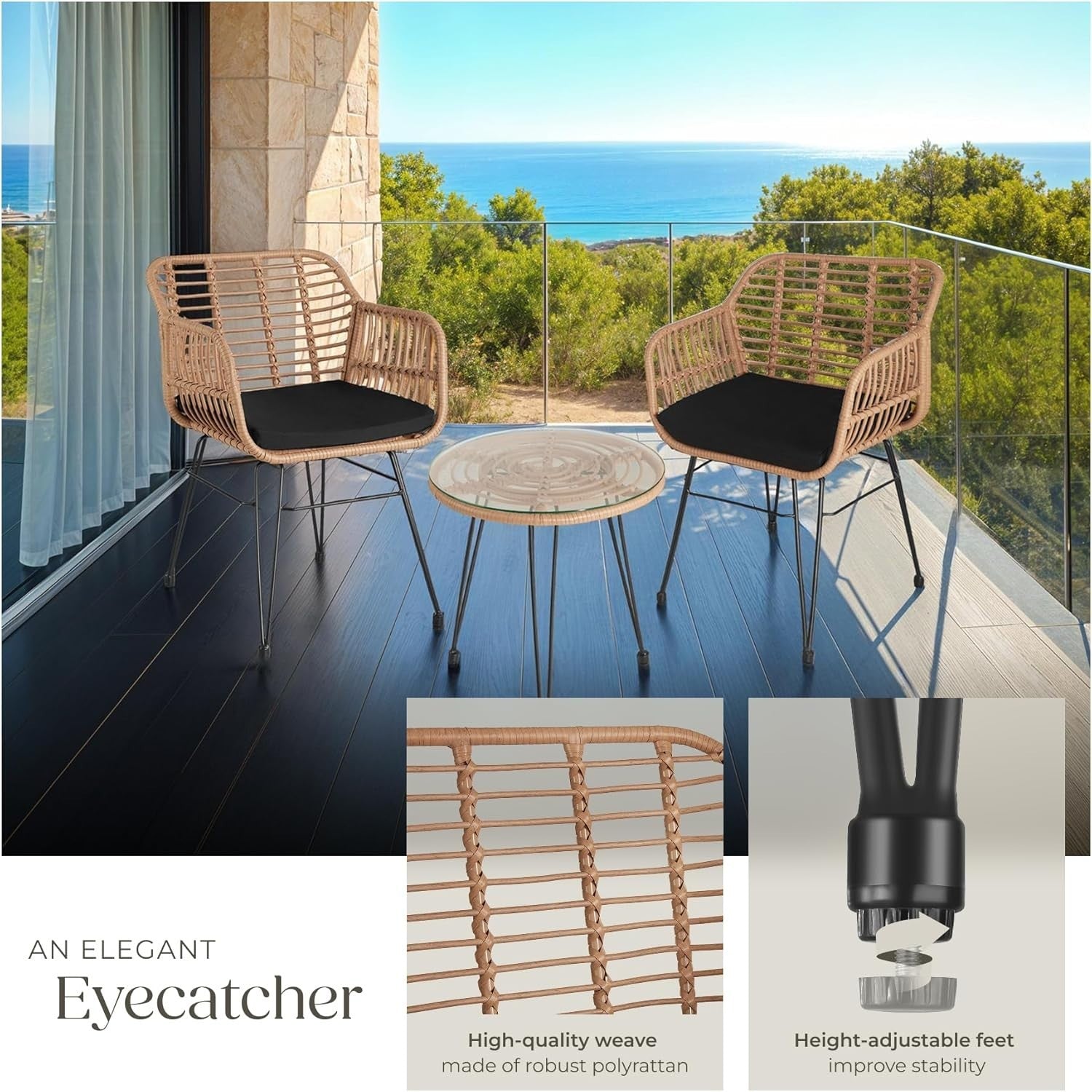 Rattan Bistro Set 2 Seater Garden Chairs Glass Table Balcony Patio Furniture