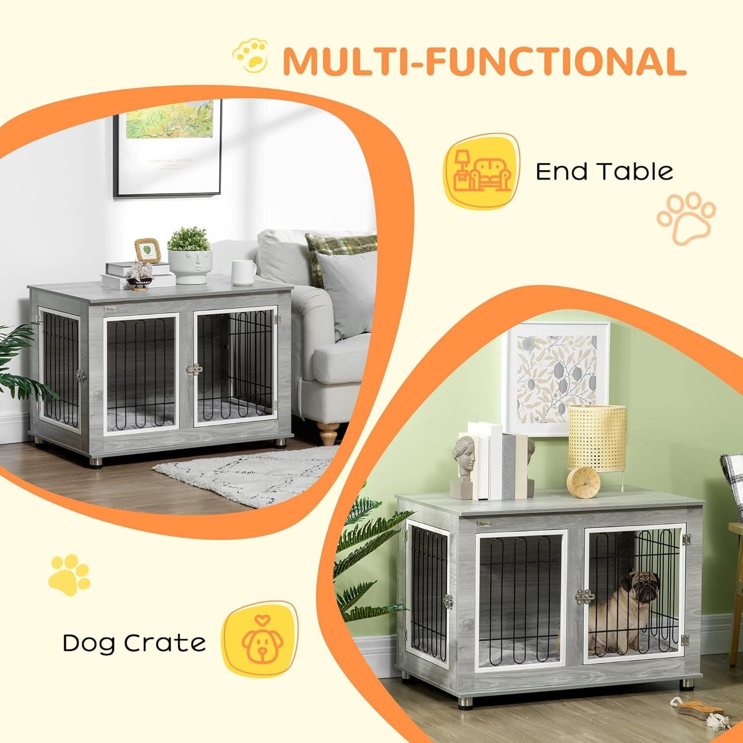 Indoor Dog Crate Furniture with Cushion | Side Table Style, Double Doors, 90cm
