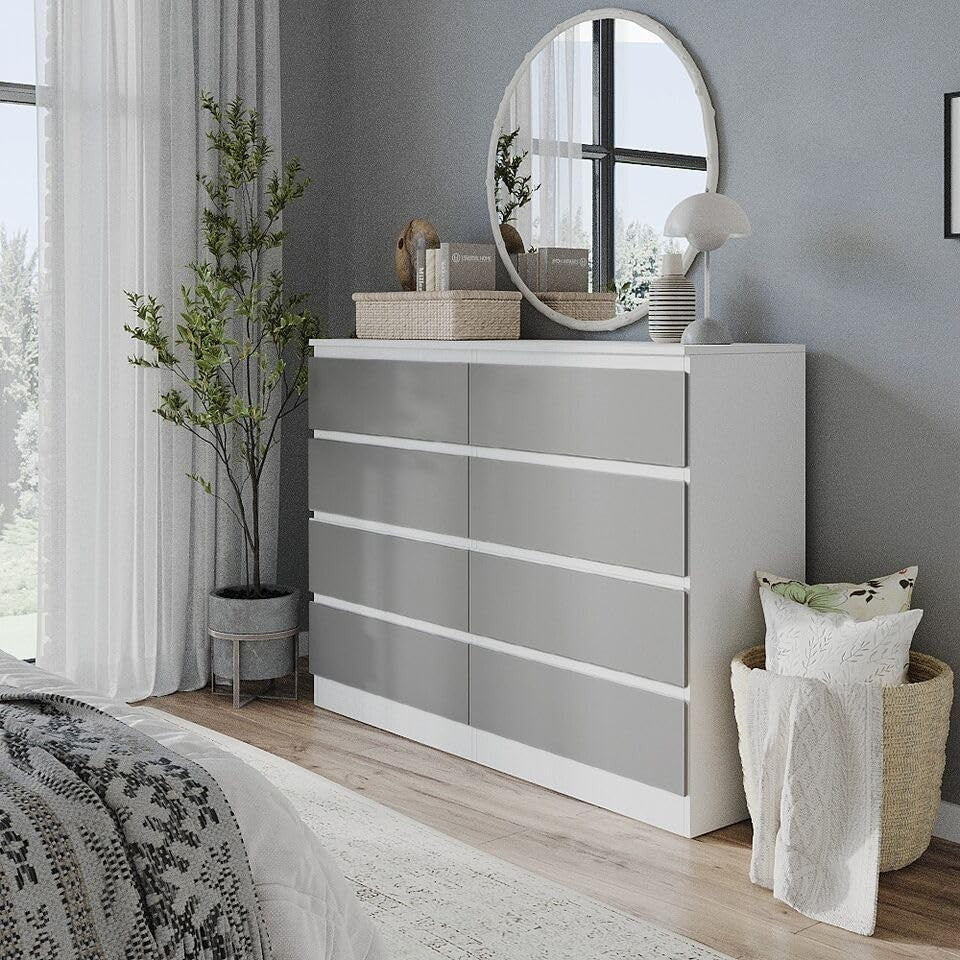 Modern White & Grey 8-Drawer Chest Bedroom Storage Cabinet Office Organizer