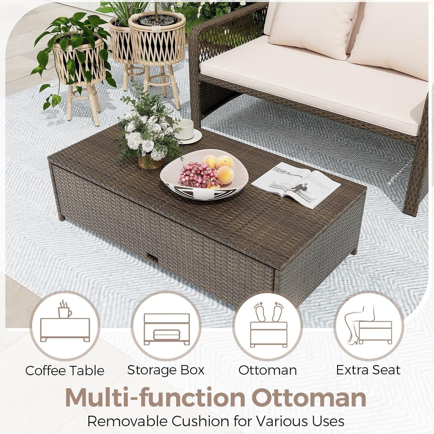 Adjustable Rattan Daybed with Storage Ottoman & Cushions – Outdoor Sofa