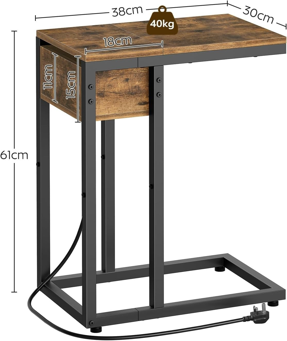 C Shaped Side Table with USB Ports, Outlet & Storage, Small Rustic End Table