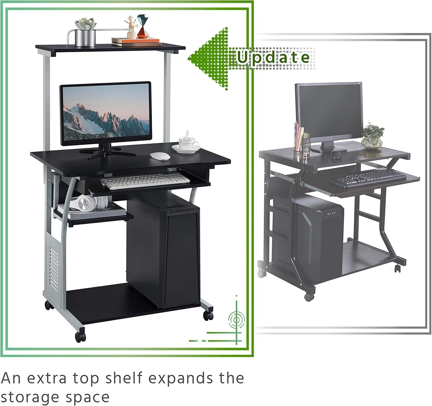 3 Tier Computer Desk with Printer Shelf Keyboard Tray Rolling Home Office