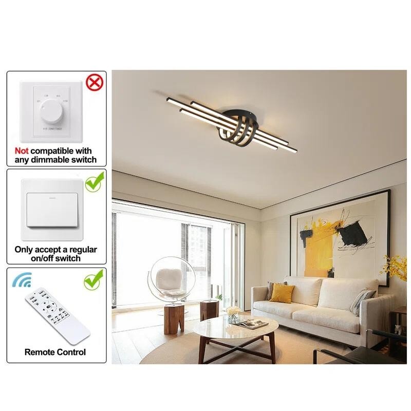 Modern 40W Dimmable LED Ceiling Light Black Linear Flush Mount Remote Control