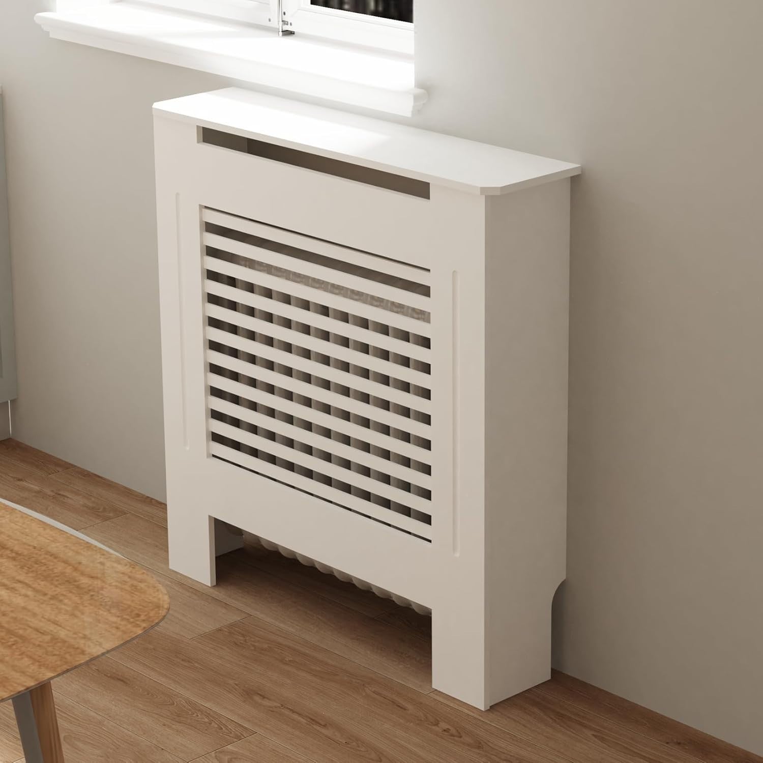 Tall Radiator Cover White MDF Cabinet | Horizontal Slats Modern Shelf 100cm