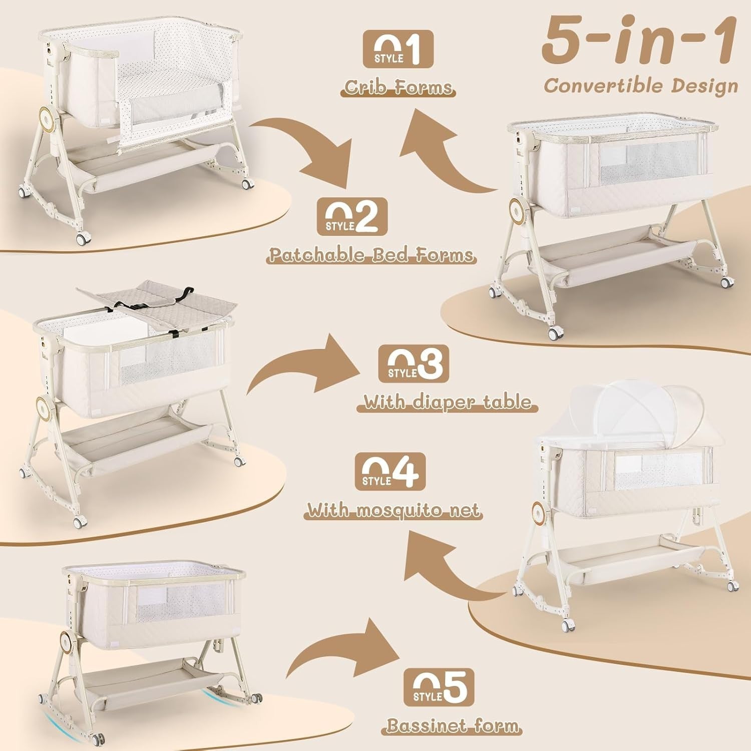 5in1 Baby Bedside Crib Adjustable Height Travel Cot with Mattress & Storage