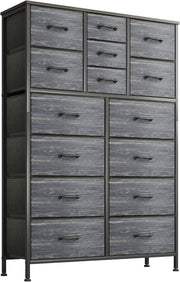 15 Drawer Fabric Chest Storage Unit Tall Dresser Wood Top Black Slim