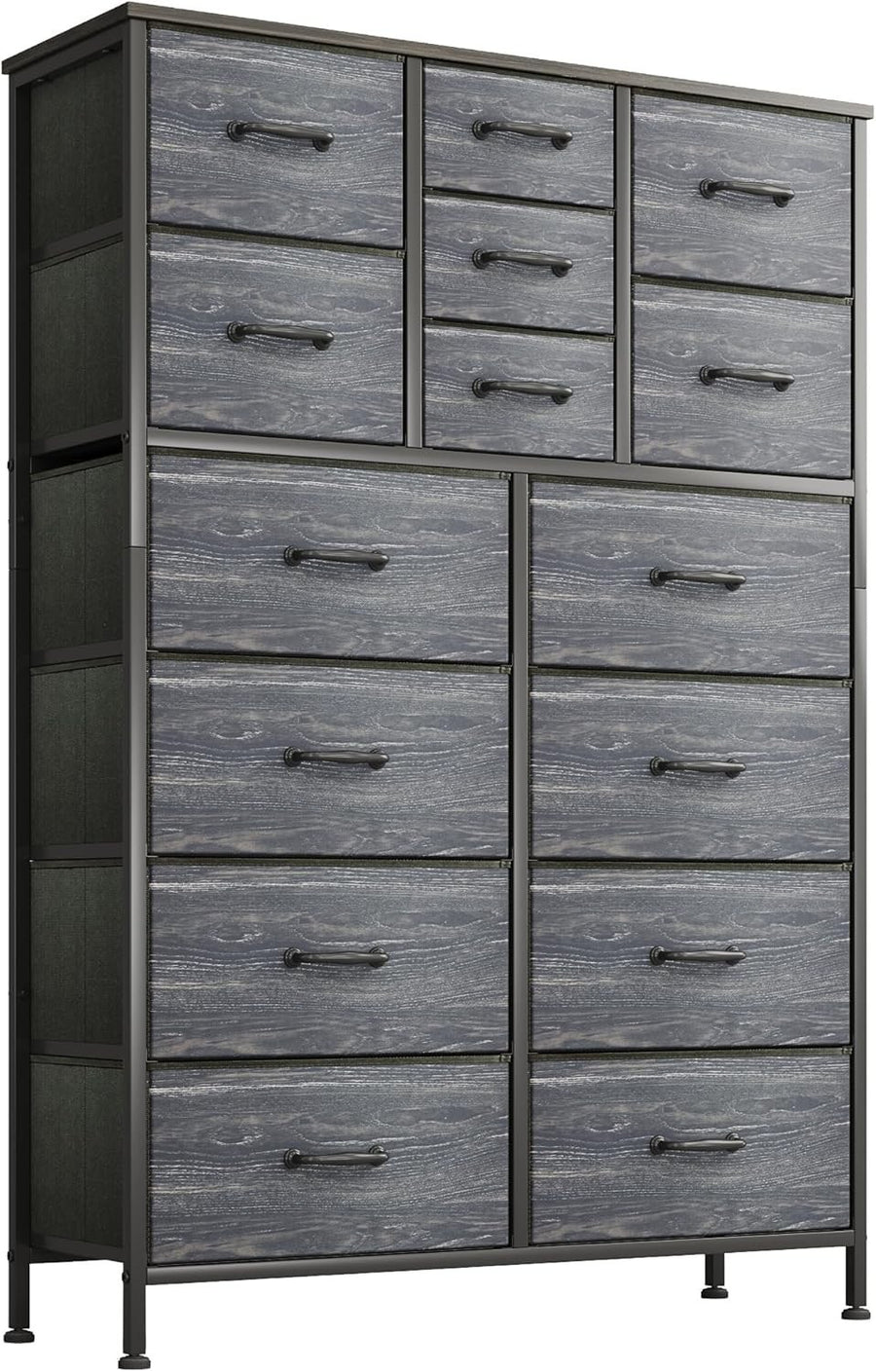 15 Drawer Fabric Chest Storage Unit Tall Dresser Wood Top Black Slim