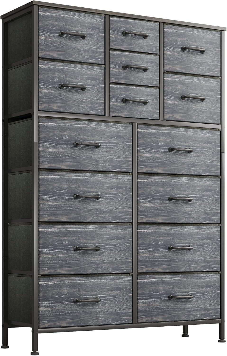 15 Drawer Fabric Chest Storage Unit Tall Dresser Wood Top Black Slim