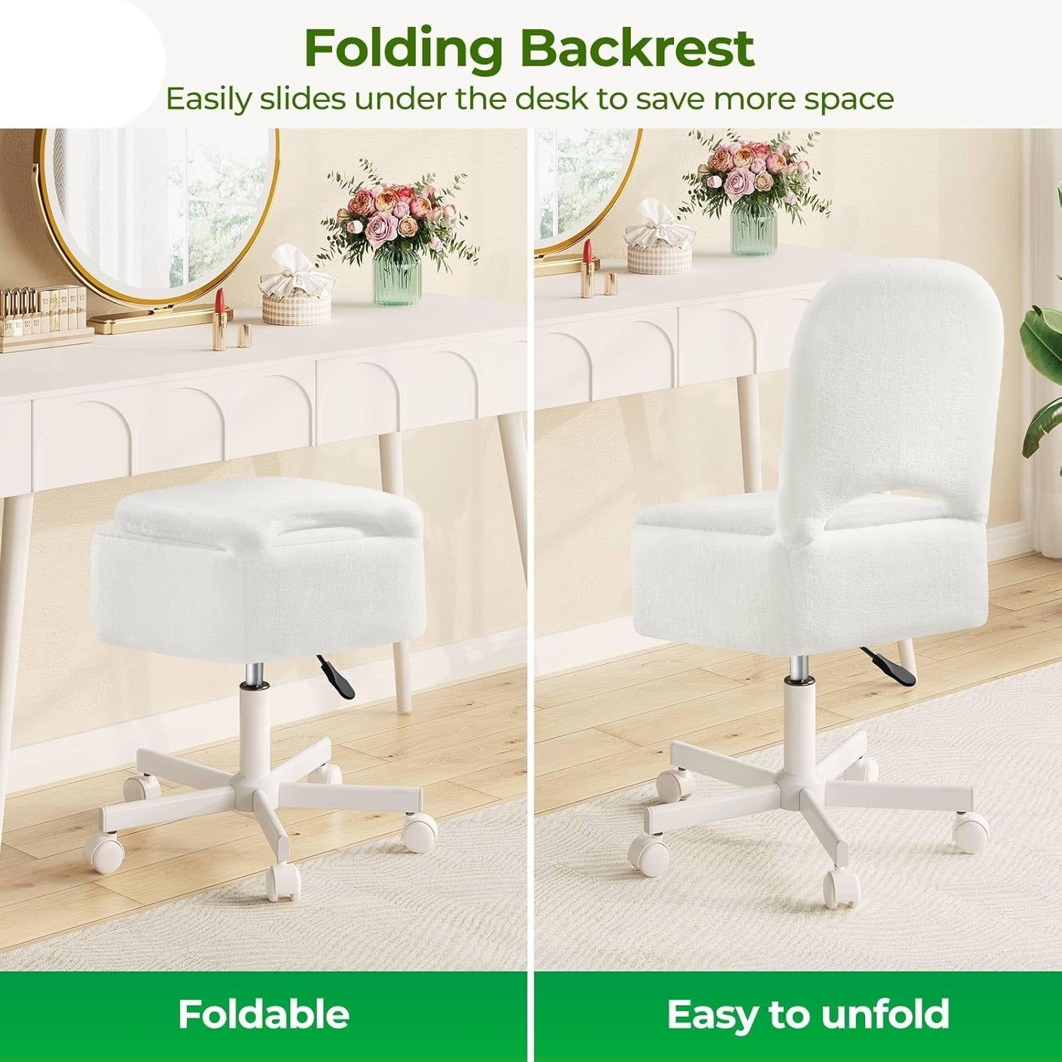 White Furry Vanity Chair Large with 13.5L Storage Swivel Adjustable Height