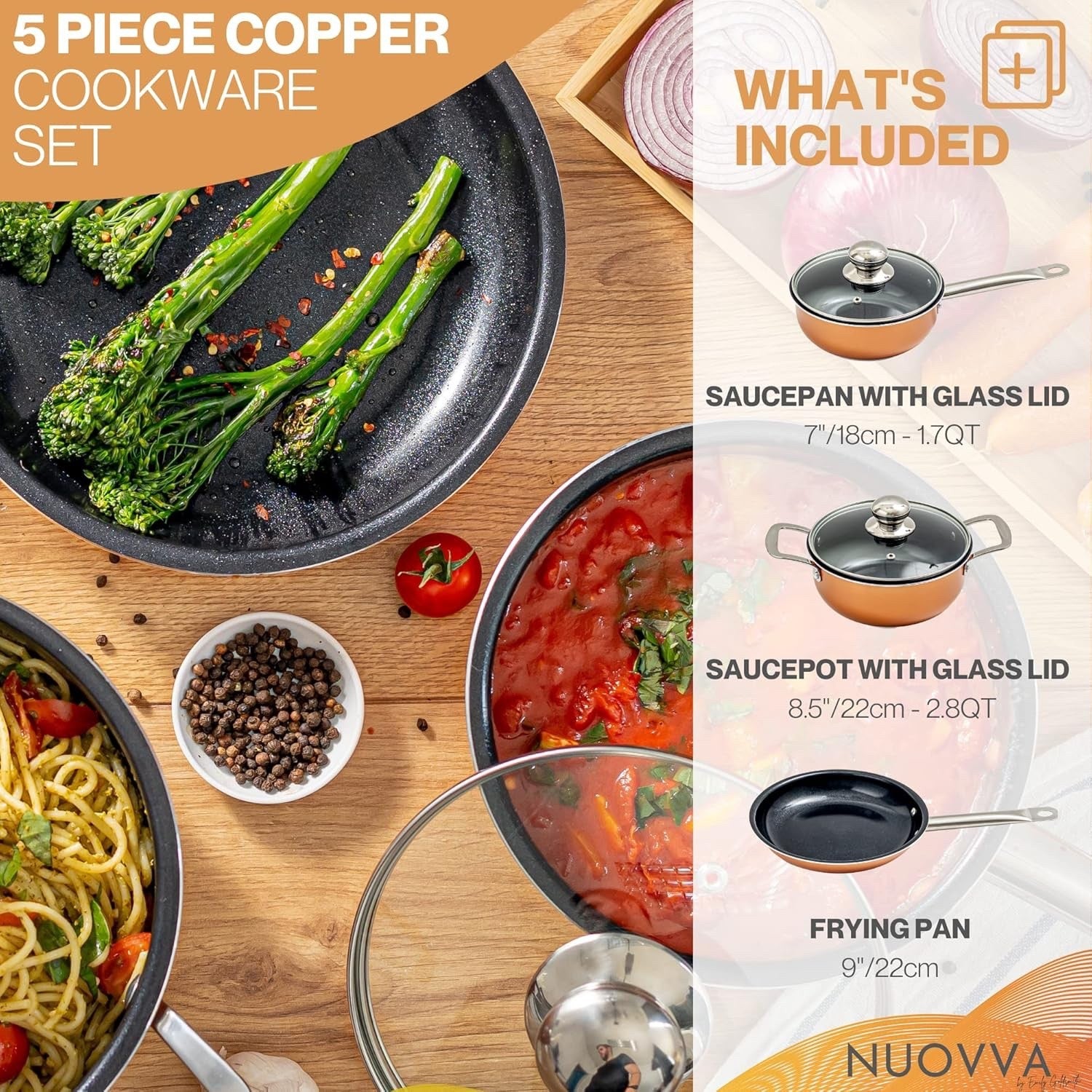 5pcs Copper Non Stick Cookware Set with Lids – Induction & Oven Safe Pots