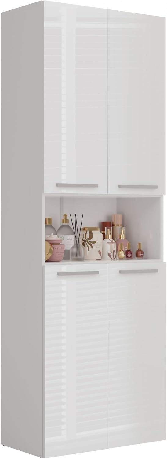 Modern White Gloss Bathroom Tall Storage Cabinet with Laundry Basket