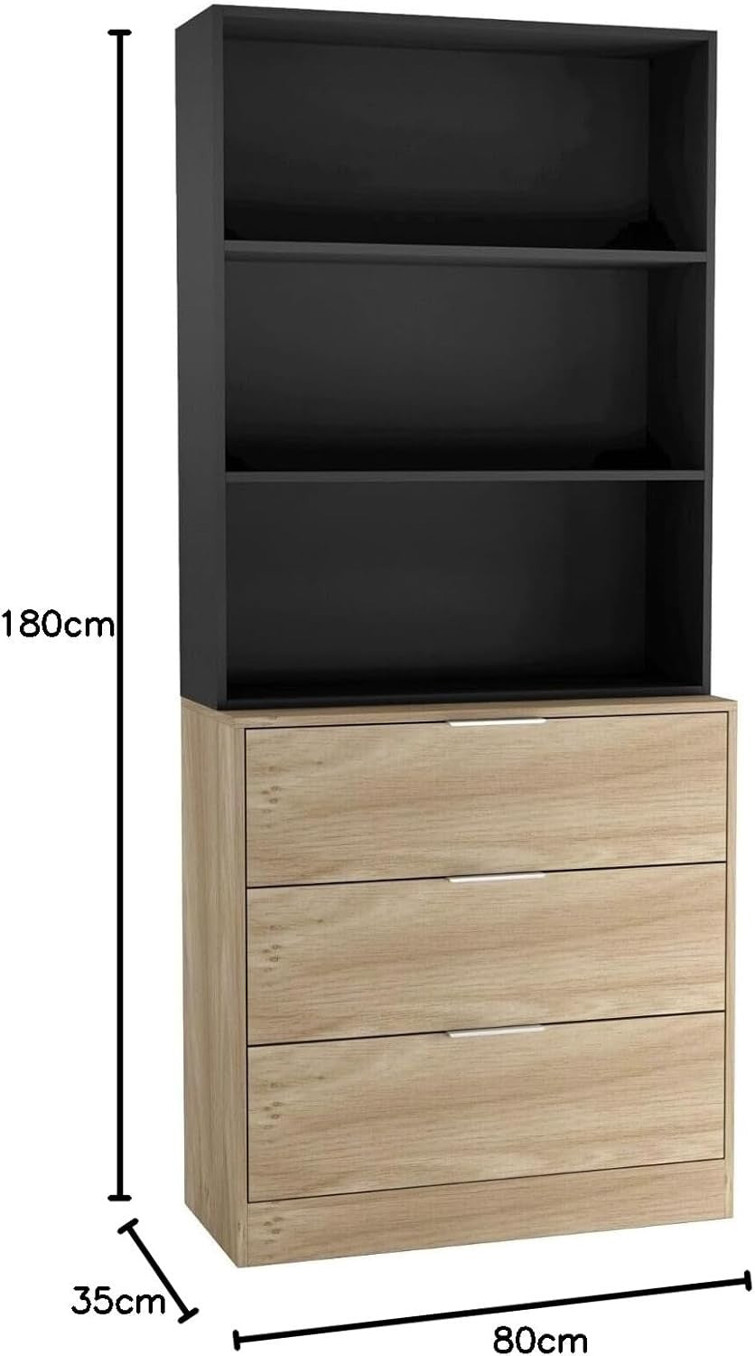 Oak & Black 80cm 3 Drawer Wooden Storage Cabinet & Display Bookcase