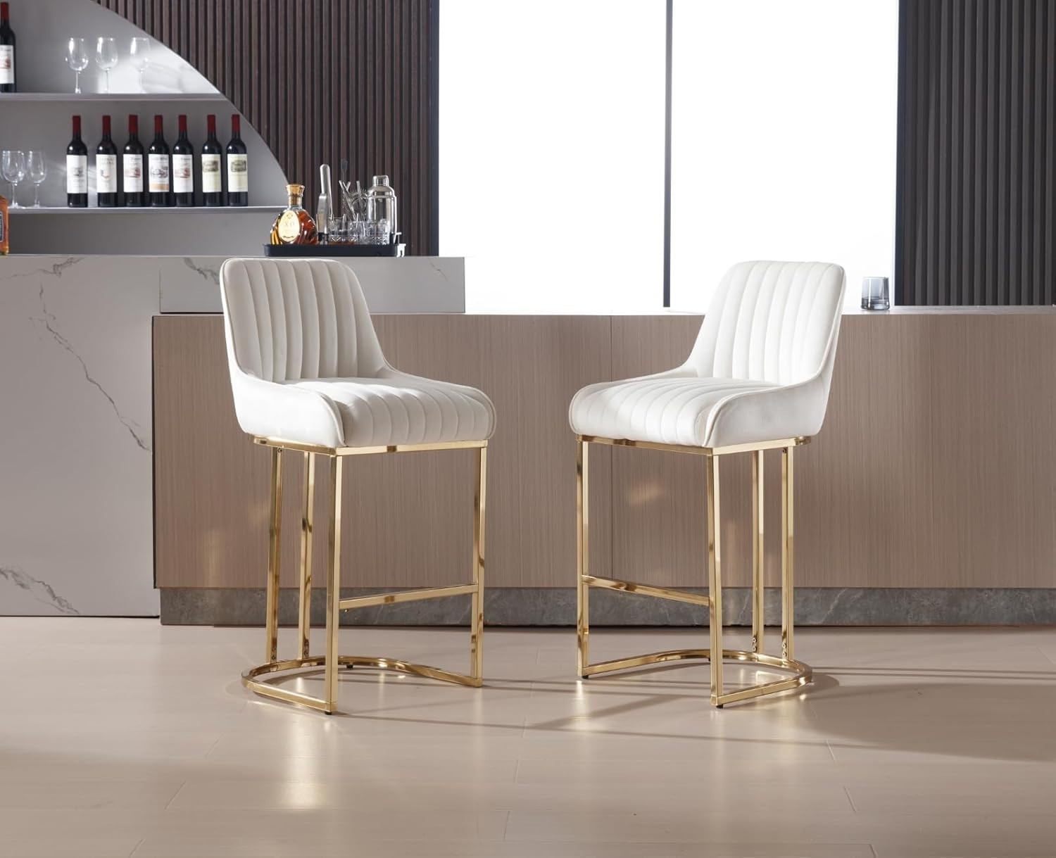 Bar Stools Set of 2 | White Fabric L-Shaped Counter Dining Chairs
