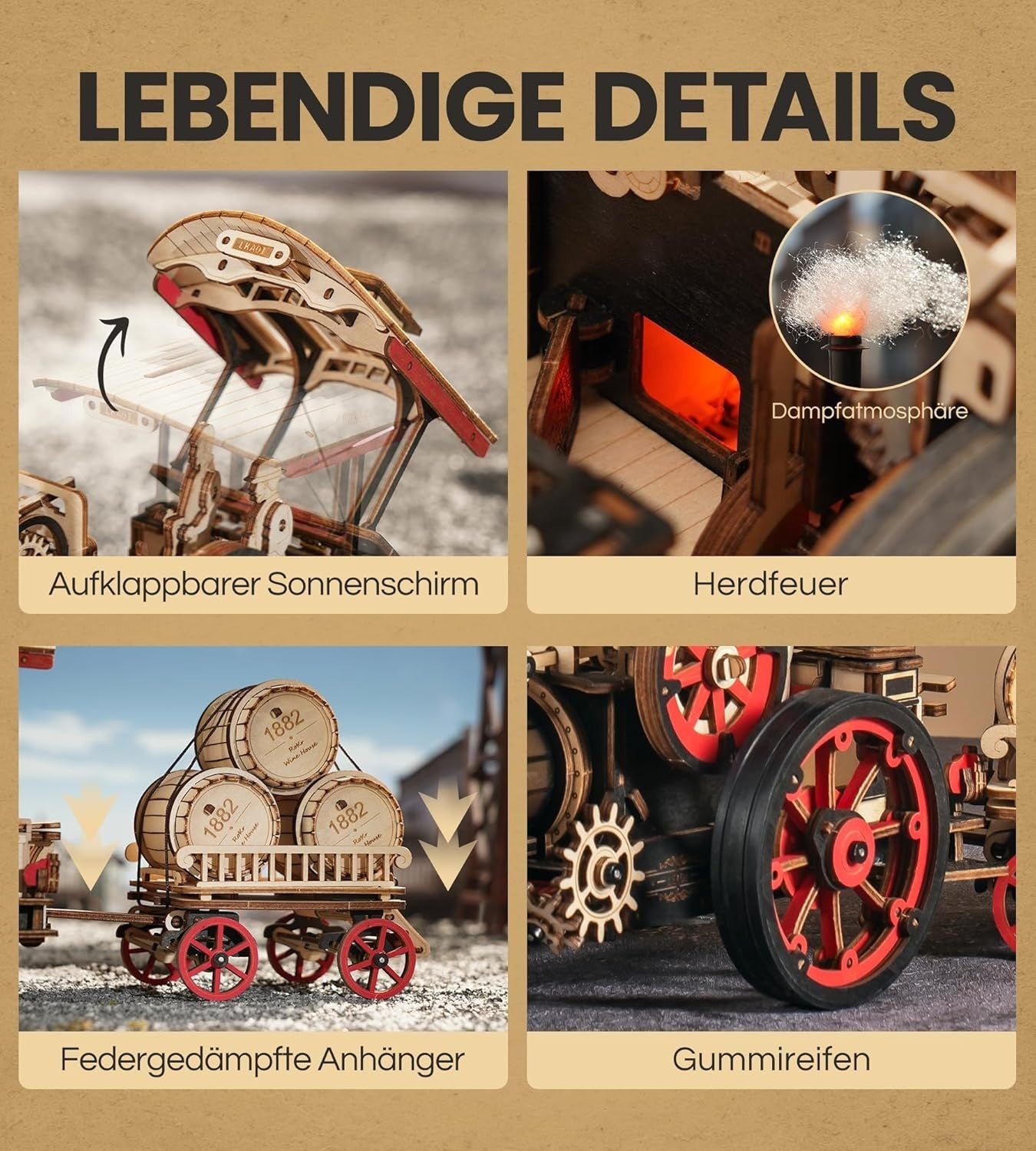 3D Wooden Steam Tractor Model Kit with Moving Parts – Vintage Gift