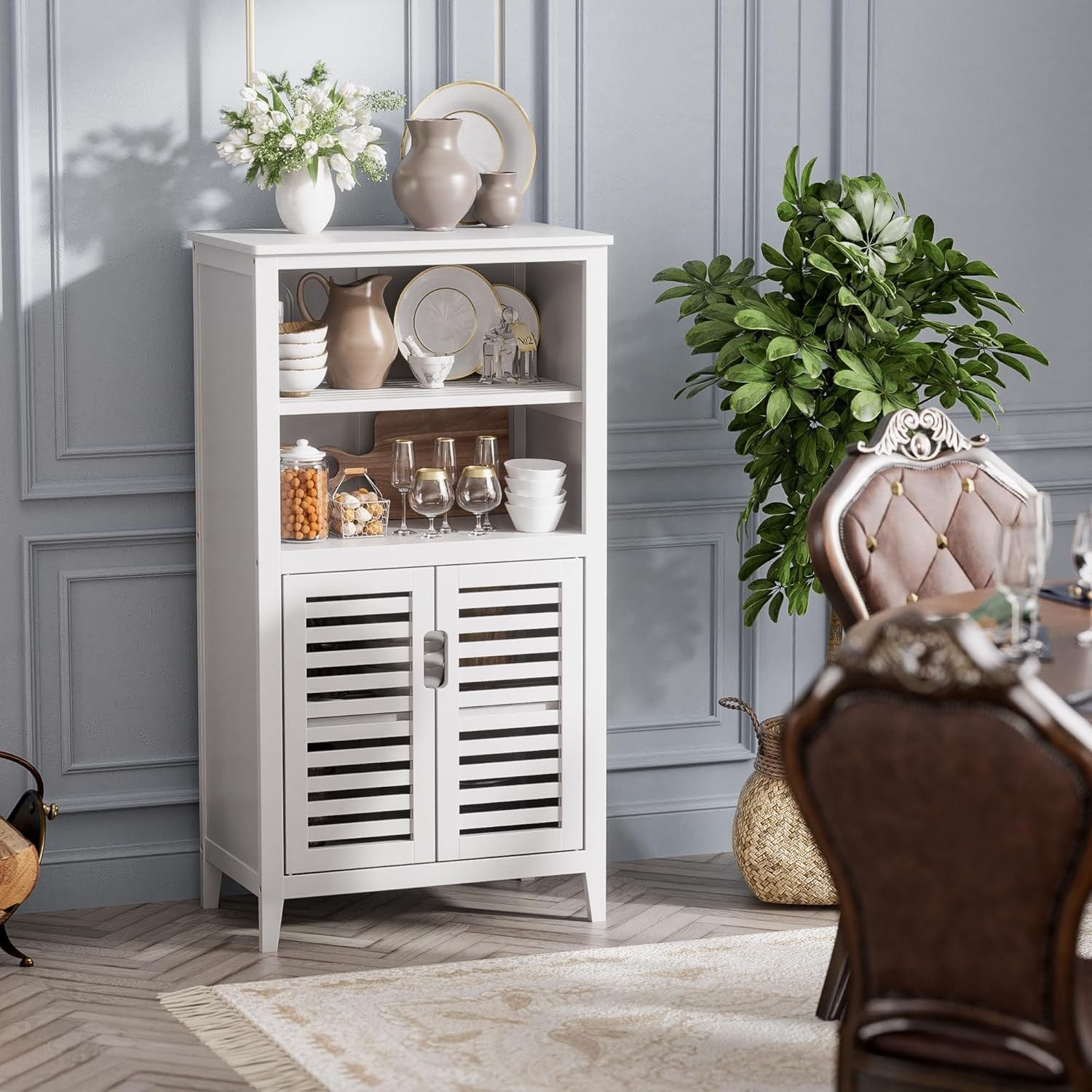 White Bamboo Storage Cabinet with Shutter Doors Adjustable Shelves
