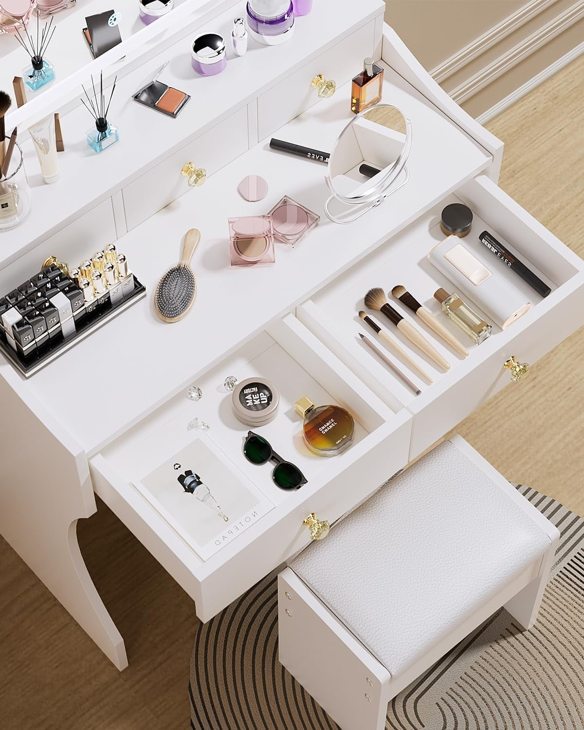 Vanity Dressing Table Set W/ LED Light Mirror Stool 5 Drawers White Compact