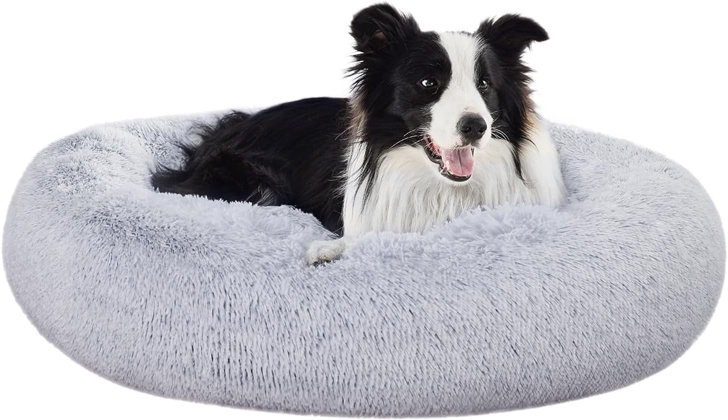 Large Plush Donut Dog Bed 91cm Faux Fur Washable Grey
