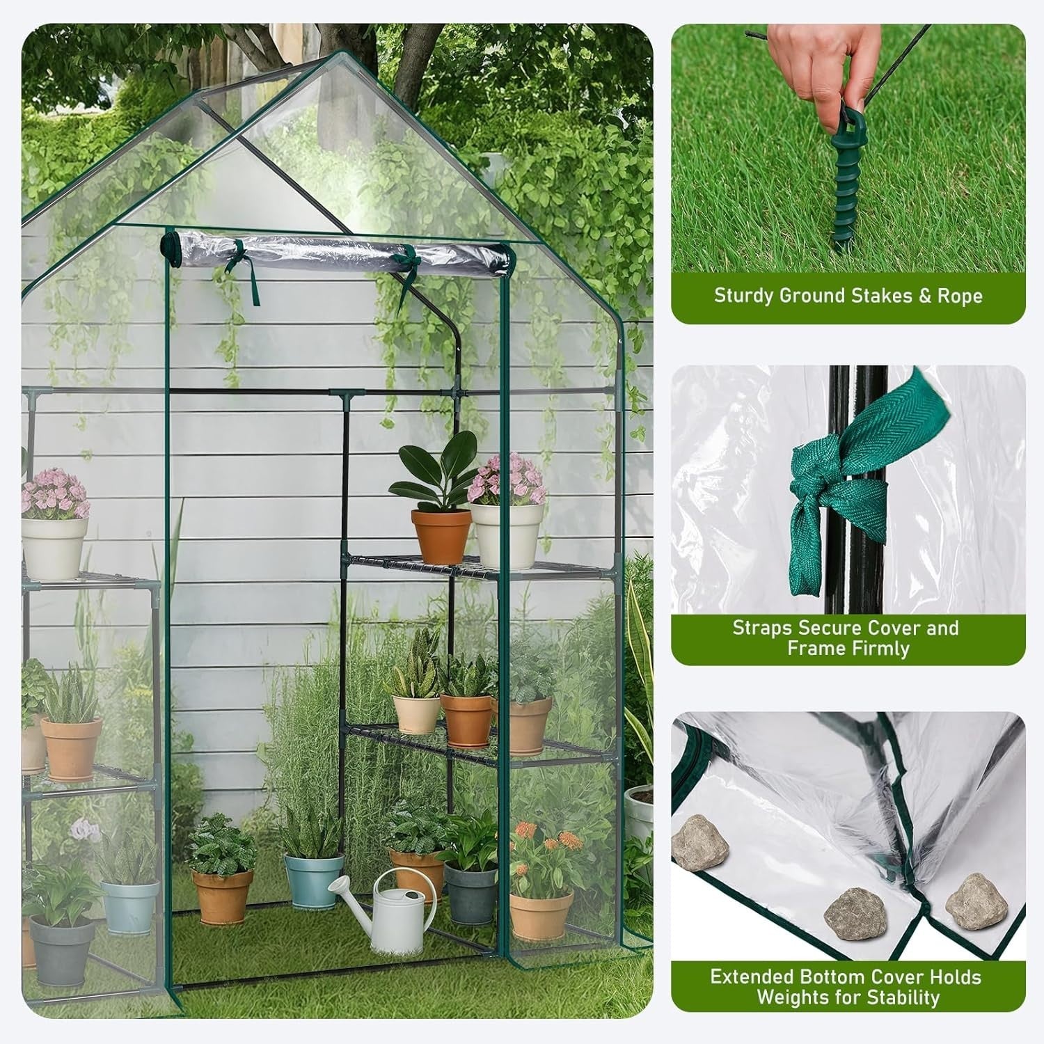 Walk-In Greenhouse with 3 Tiers 4 Shelves PVC Cover for Plants Herbs Veg
