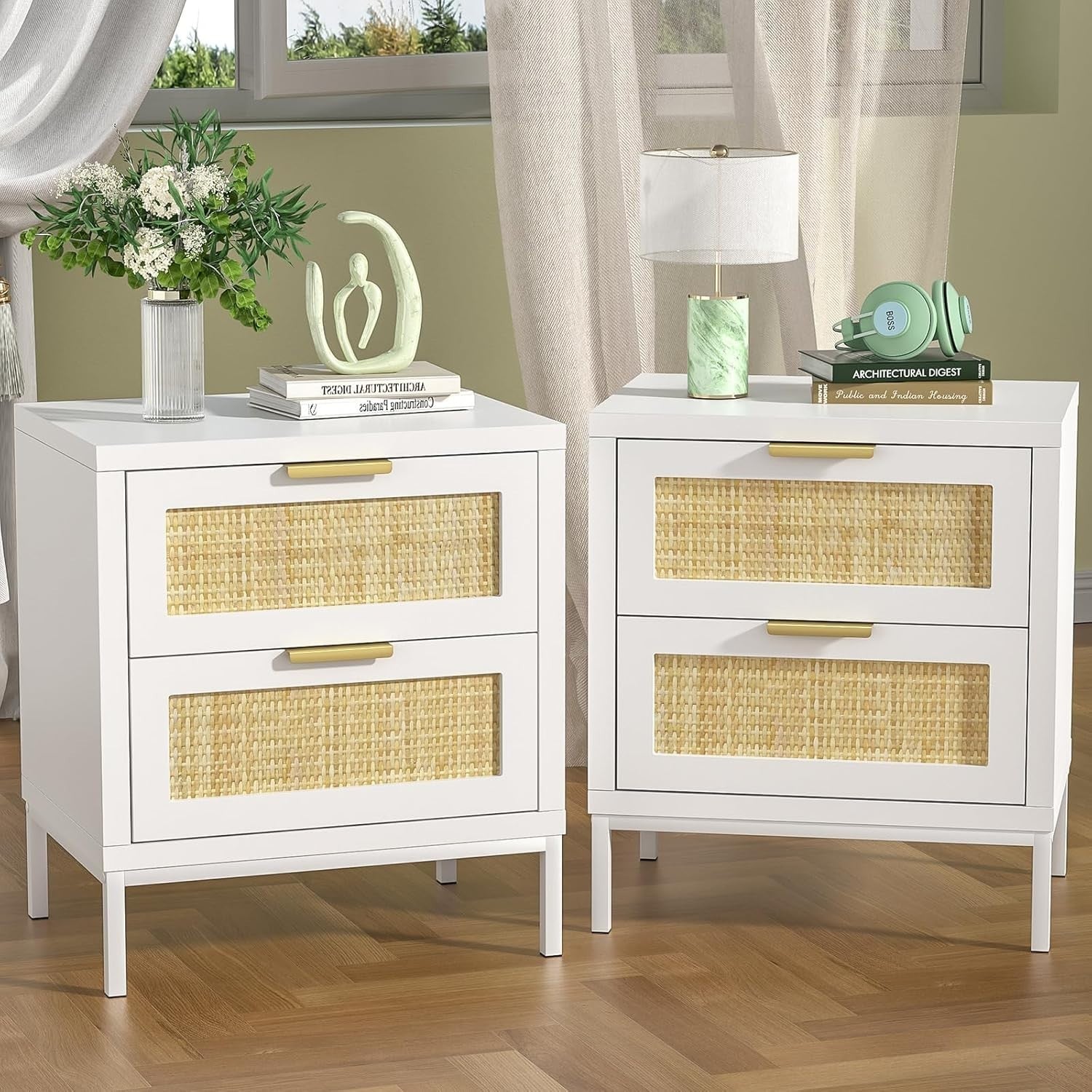 Set of 2 White Rattan Bedside Tables with Drawers – Modern Scandi Style