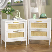Set of 2 White Rattan Bedside Tables with Drawers – Modern Scandi Style