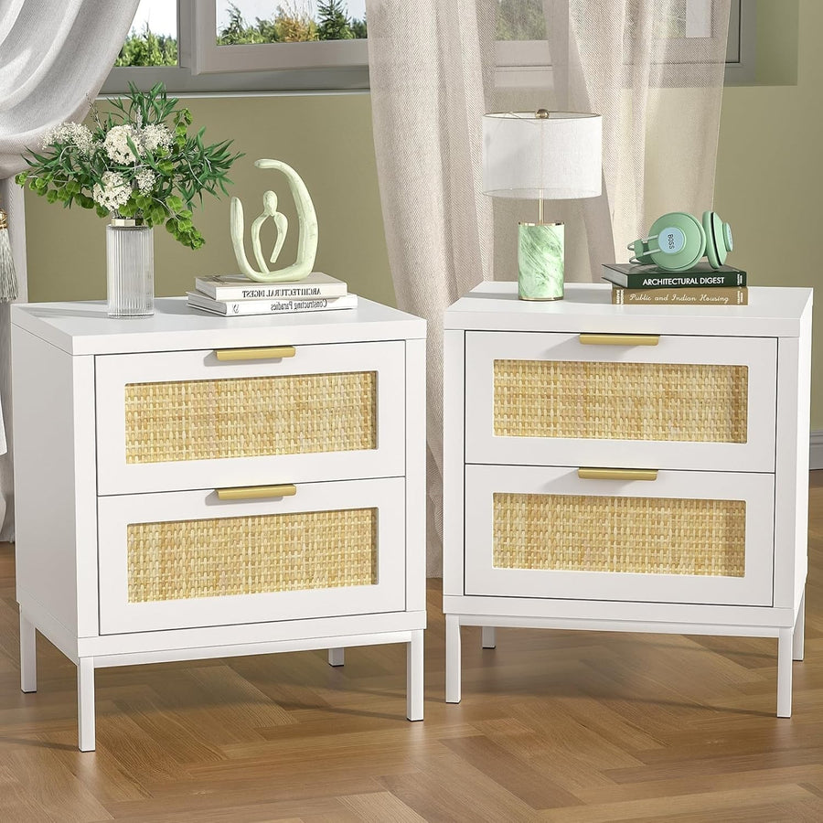 Set of 2 White Rattan Bedside Tables with Drawers – Modern Scandi Style