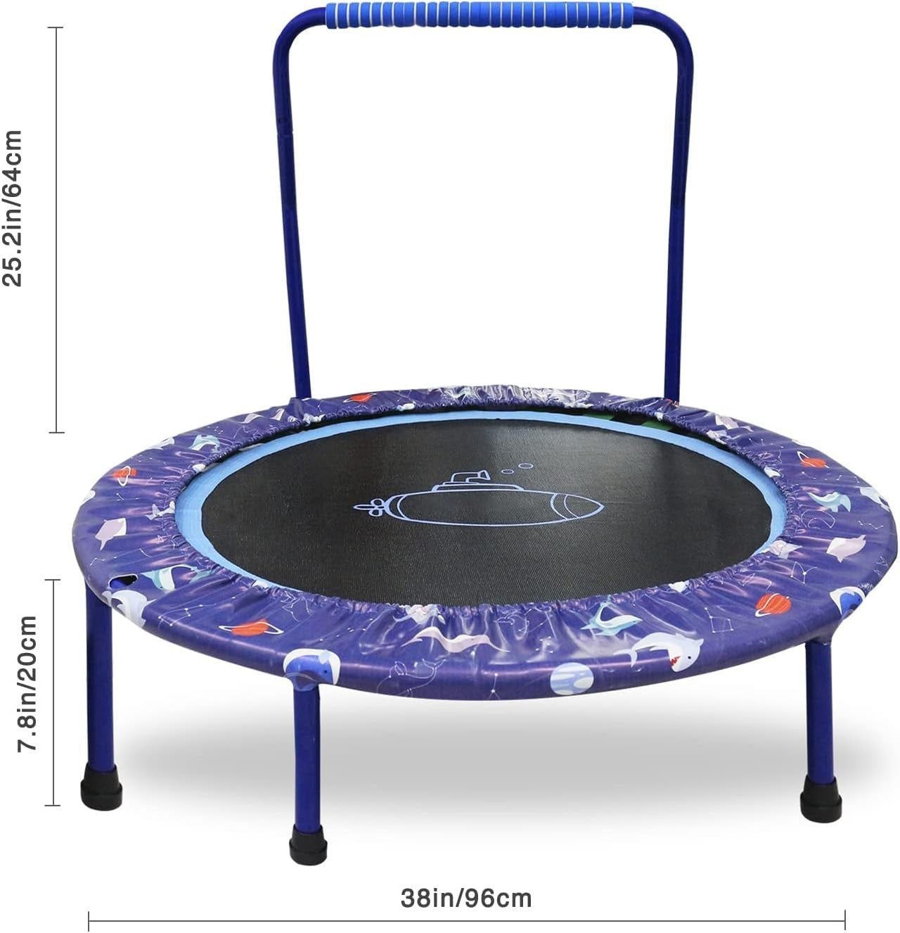 38'' Kids Mini Trampoline Foldable Quiet Rebounder Adjustable Handle Blue