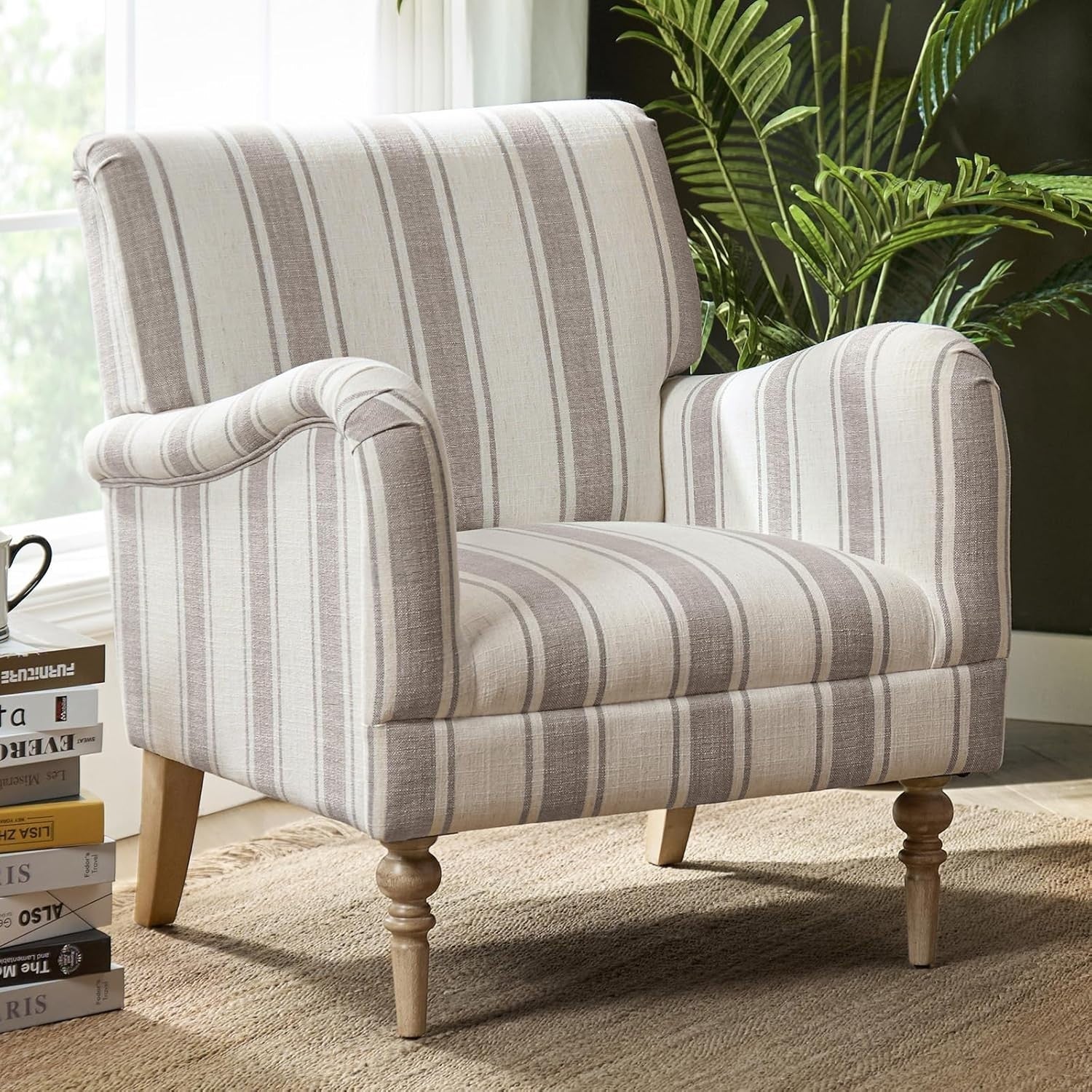 Striped Armchair Accent Chair Tan Upholstered Seat for Lounge Bedroom Home