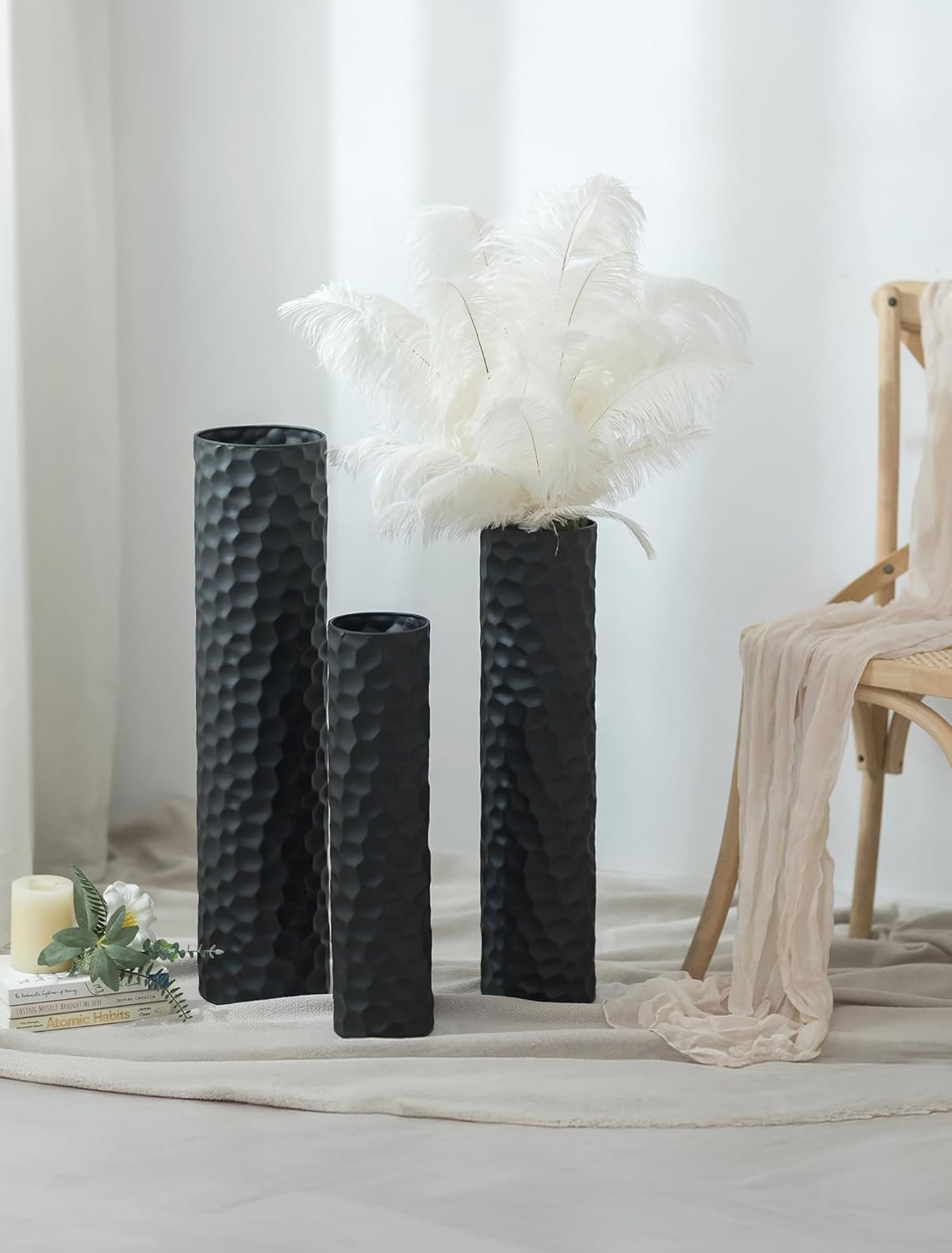 Large Black Metal Floor Vase Set Tall Modern Honeycomb Home Decor 3pcs