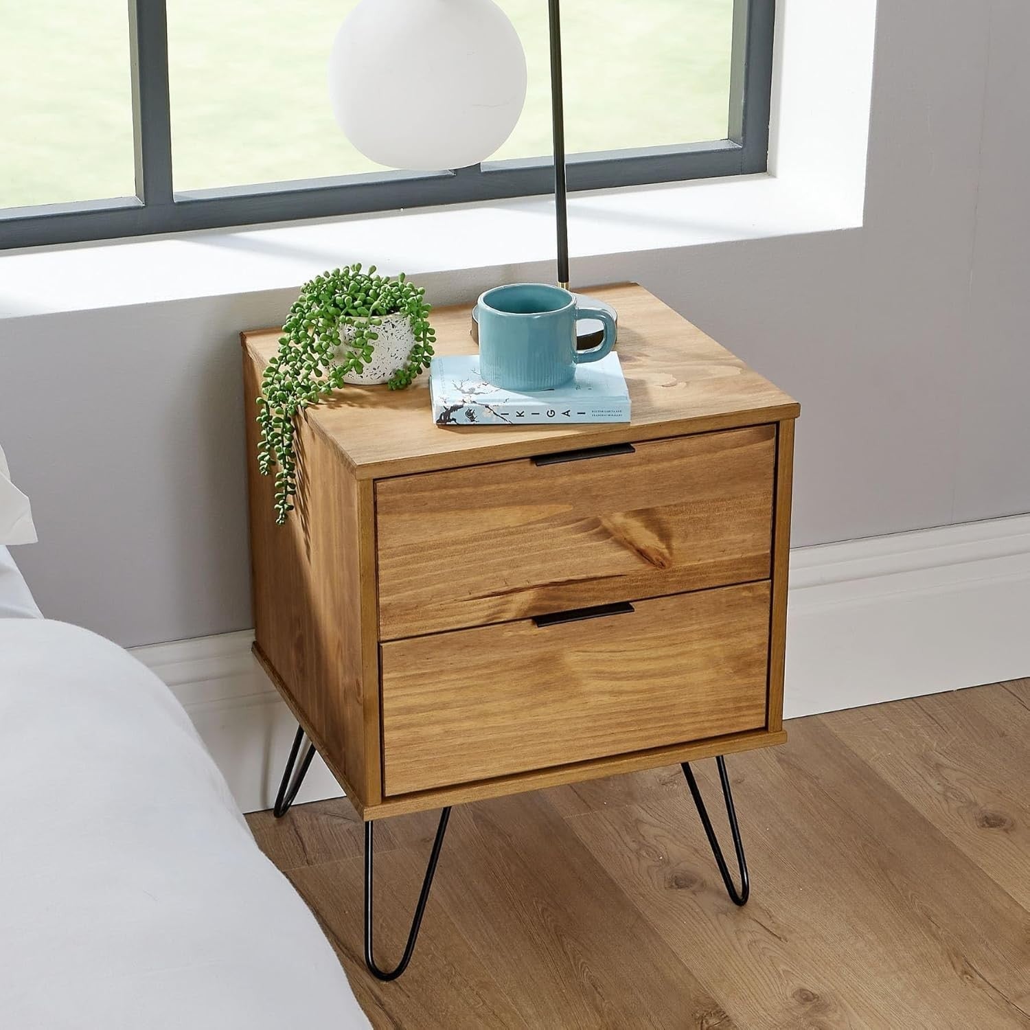 2 Drawer Pine Wood Bedside Table Nightstand Cabinet | Hairpin Legs